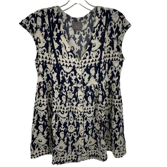 Anthropologie Vanessa Virginia Navy White Ikat Ladder Lace Tunic Top - Sz S - Picture 1 of 16